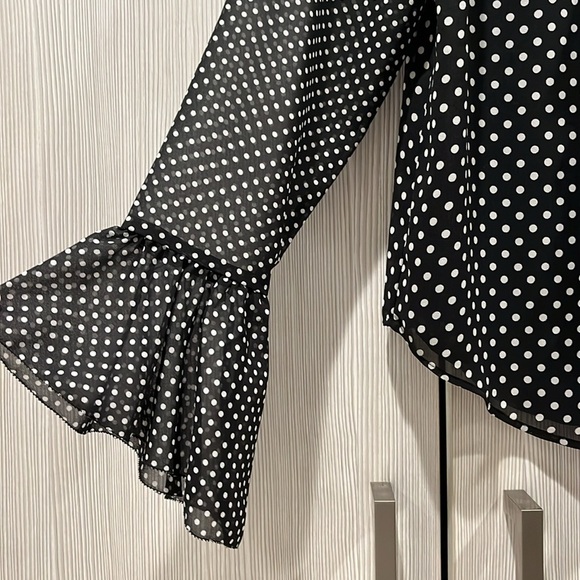 Joie Black White Polka Dot Ruffled “Darek” Blouse Romantic Sheer Sleeves Large - Picture 5 of 14